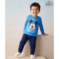 Babyhug Disney 100% Cotton Knit Full Sleeves T-Shirt & Pyjama Night Suit With Mickey Mouse Graphic - Multicolor