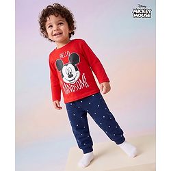 Babyhug Disney 100% Cotton Knit Full Sleeves T-Shirt & Pyjama Night Suit With Mickey Mouse Graphic - Multicolor