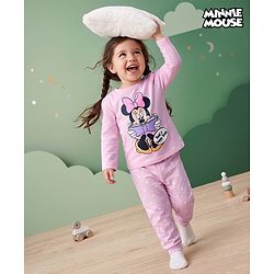 Babyhug Disney 100% Cotton Knit Full Sleeves T-Shirt & Pyjama Night Suit With Minnie Mouse & Polka Dots Graphic - Pink