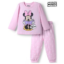 Babyhug Disney 100% Cotton Knit Full Sleeves T-Shirt & Pyjama Night Suit With Minnie Mouse & Polka Dots Graphic - Pink