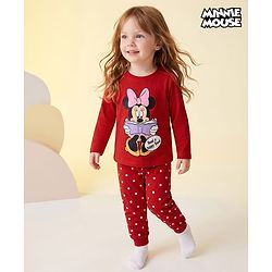 Babyhug Disney Single Jersey Knit Full Sleeves T-Shirt & Pajama Night Suit with Polka Dots & Minnie Mouse Graphics - Dark Red