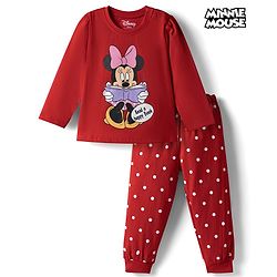 Babyhug Disney Single Jersey Knit Full Sleeves T-Shirt & Pajama Night Suit with Polka Dots & Minnie Mouse Graphics - Dark Red