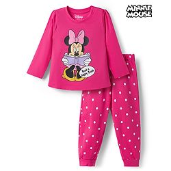 Babyhug Disney 100% Cotton Knit Full Sleeves T-Shirt & Pyjama Night Suit With Minnie Mouse Graphic - Pink