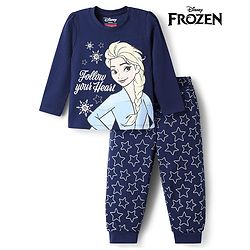 Babyhug Disney 100% Cotton Knit Full Sleeves T-Shirt & Pyjama Night Suit With Elsa Graphic - Navy Blue