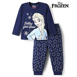Babyhug Disney 100% Cotton Knit Full Sleeves T-Shirt & Pyjama Night Suit With Elsa Graphic - Navy Blue