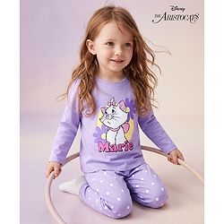 Babyhug Disney 100% Cotton Knit Full Sleeves T-Shirt & Pyjama Night Suit With Marie & Polka Dots Graphic - Lavender