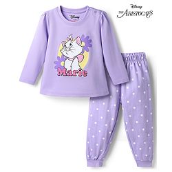 Babyhug Disney 100% Cotton Knit Full Sleeves T-Shirt & Pyjama Night Suit With Marie & Polka Dots Graphic - Lavender