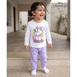 Babyhug Disney Single Jersey Knit Full Sleeves T-Shirt & Pajama Night Suit with Polka Dots & Marie Graphics - White & Lavender