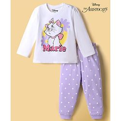 Babyhug Disney Single Jersey Knit Full Sleeves T-Shirt & Pajama Night Suit with Polka Dots & Marie Graphics - White & Lavender