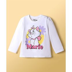 Babyhug Disney Single Jersey Knit Full Sleeves T-Shirt & Pajama Night Suit with Polka Dots & Marie Graphics - White & Lavender