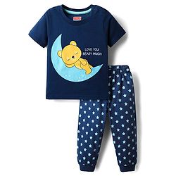 Babyhug Cotton Knit Full Sleeves Bear & Text Printed T-Shirt & Pyjama Night Suit - Navy