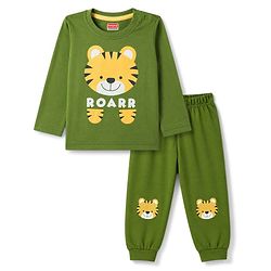 Babyhug 100% Cotton Knit Full Sleeves Tiger Printed T-Shirt & Pyjama Night Suit - Olive Green