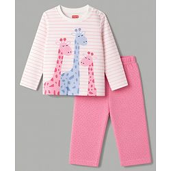 Babyhug 100% Cotton Knit Full Sleeves Striped T-Shirt & Pyjama Night Suit Giraffe Print -Pink