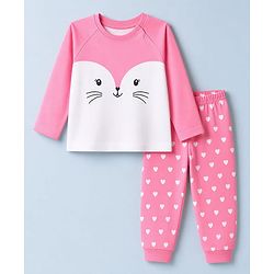 Babyhug 100% Cotton Knit Full Sleeves T-Shirt & Pyjama Night Suit with Cat & Heart Print - Pink