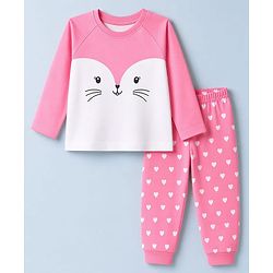 Babyhug 100% Cotton Knit Full Sleeves T-Shirt & Pyjama Night Suit with Cat & Heart Print - Pink