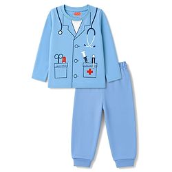 Babyhug 100% Cotton Knit Full Sleeves Co-Ords T-Shirt & Pyjama Night Suit with Doctor Theme Print - Blue