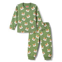 Babyhug 100% Cotton Knit Full Sleeves Fox Printed Co-Ords T-Shirt & Pyjama Night Suit - Green