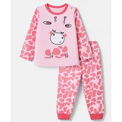 Babyhug Cotton Knit Full Sleeves T-Shirt & Pyjama Night Suit With Giraffe Print - Pink