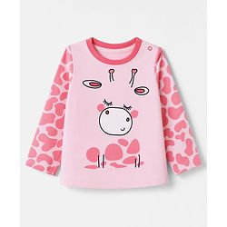 Babyhug Cotton Knit Full Sleeves T-Shirt & Pyjama Night Suit With Giraffe Print - Pink