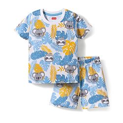 Babyhug Cotton Knit Half Sleeves Koala Printed Co-Ords T-Shirt & Shorts Night Suit -White