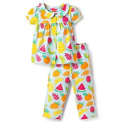 Babyhug Cotton Knit Half Sleeves Tropical Theme Printed Co-Ords Top & Pyjama Night Suit - Light Blue