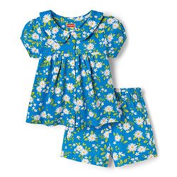 Babyhug 100% Cotton Knit Half Sleeves Floral Printed Co-Ords Top & Shorts Night Suit - Blue