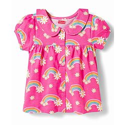 Babyhug Cotton Knit Half Sleeves Rainbow Printed Co-Ords Front Open Top & Shorts Night Suit - Pink
