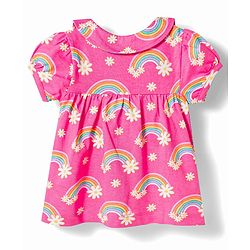 Babyhug Cotton Knit Half Sleeves Rainbow Printed Co-Ords Front Open Top & Shorts Night Suit - Pink
