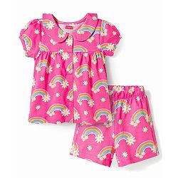 Babyhug Cotton Knit Half Sleeves Rainbow Printed Co-Ords Front Open Top & Shorts Night Suit - Pink