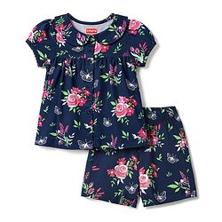 Babyhug Cotton Knit Half Sleeves Front Open Floral Printed Co-Ords Top & Shorts Night Suit - Navy