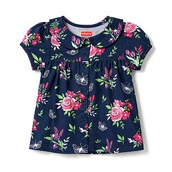 Babyhug Cotton Knit Half Sleeves Front Open Floral Printed Co-Ords Top & Shorts Night Suit - Navy