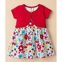 Babyhug Poplin Woven Half Sleeves Shrug With Floral Printed Frock - Red