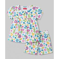 Babyhug Cotton Knit Half Sleeves Top & Shorts Night Suit With Floral Print - White