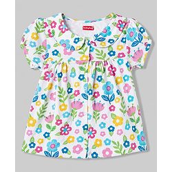 Babyhug Cotton Knit Half Sleeves Top & Shorts Night Suit With Floral Print - White