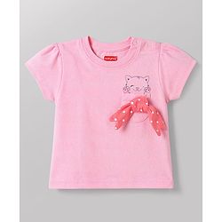 Babyhug 100% Cotton Knit Half Sleeves Kitty Printed T-Shirt & Shorts Night Suit With Bow Applique - Pink