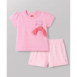 Babyhug 100% Cotton Knit Half Sleeves Kitty Printed T-Shirt & Shorts Night Suit With Bow Applique - Pink