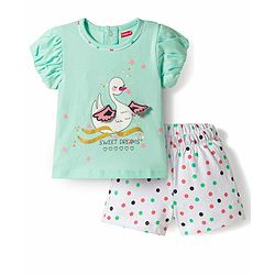 Babyhug 100% Cotton Knit Half Sleeves Polka Dots Printed & Bird Applique T-Shirt & Shorts Night Suit - Mint
