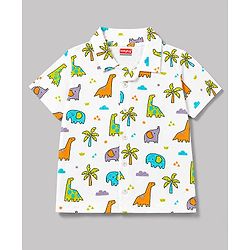 Babyhug 100% Cotton Knit Half Sleeves Shirt & Shorts Co-Ord Night Suit With Dino Print - White