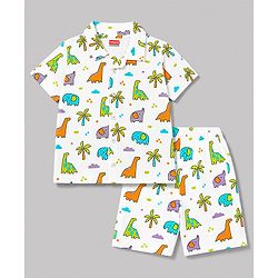 Babyhug 100% Cotton Knit Half Sleeves Shirt & Shorts Co-Ord Night Suit With Dino Print - White