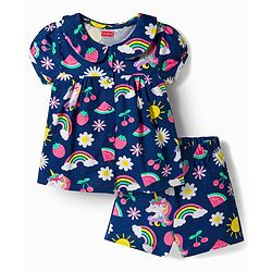 Babyhug 100% Cotton Knit Half Sleeves Rainbow Printed Co-Ords Front Open Top & Shorts Night Suit - Navy
