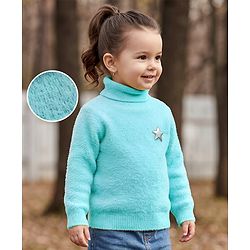 Babyhug Knit Extra Soft Hairy Eyelash Yarn ted Full Sleeves Pullover with Star Embroidery - Aqua Blue