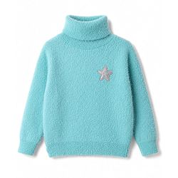 Babyhug Knit Extra Soft Hairy Eyelash Yarn ted Full Sleeves Pullover with Star Embroidery - Aqua Blue