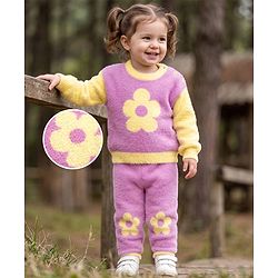 Babyhug Knitted Full Sleeves Sweatshirt & Pant Winter Wear Suit With Floral Print - Pink