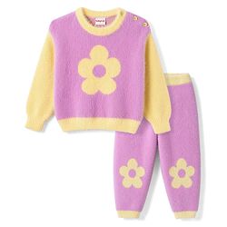 Babyhug Knitted Full Sleeves Sweatshirt & Pant Winter Wear Suit With Floral Print - Pink