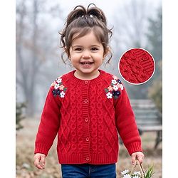 Babyhug Knitted Full Sleeves Front Open Sweater  with Cable Knit Design & Floral Embroidery - Red