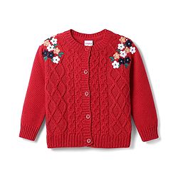 Babyhug Knitted Full Sleeves Front Open Sweater  with Cable Knit Design & Floral Embroidery - Red