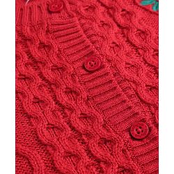 Babyhug Knitted Full Sleeves Front Open Sweater  with Cable Knit Design & Floral Embroidery - Red