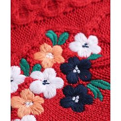 Babyhug Knitted Full Sleeves Front Open Sweater  with Cable Knit Design & Floral Embroidery - Red