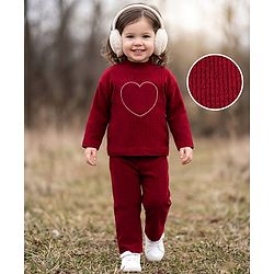 Babyhug Knitted Full Sleeves Sweatshirt & Pant Winter Wear Suit With Heart Design - Red