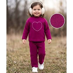 Babyhug Full Sleeves Sweater Knit & Pant Winter Wear Suit With Heart Design - Fuchsia